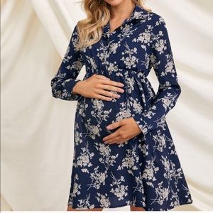 Maternity floral print button up dress NAVY BLUE